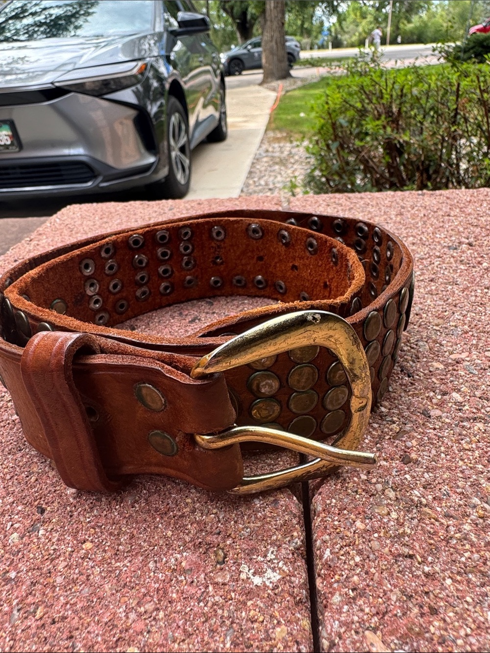 Brown Studded Leather Belt with Brass Buckle small vintage artisan made